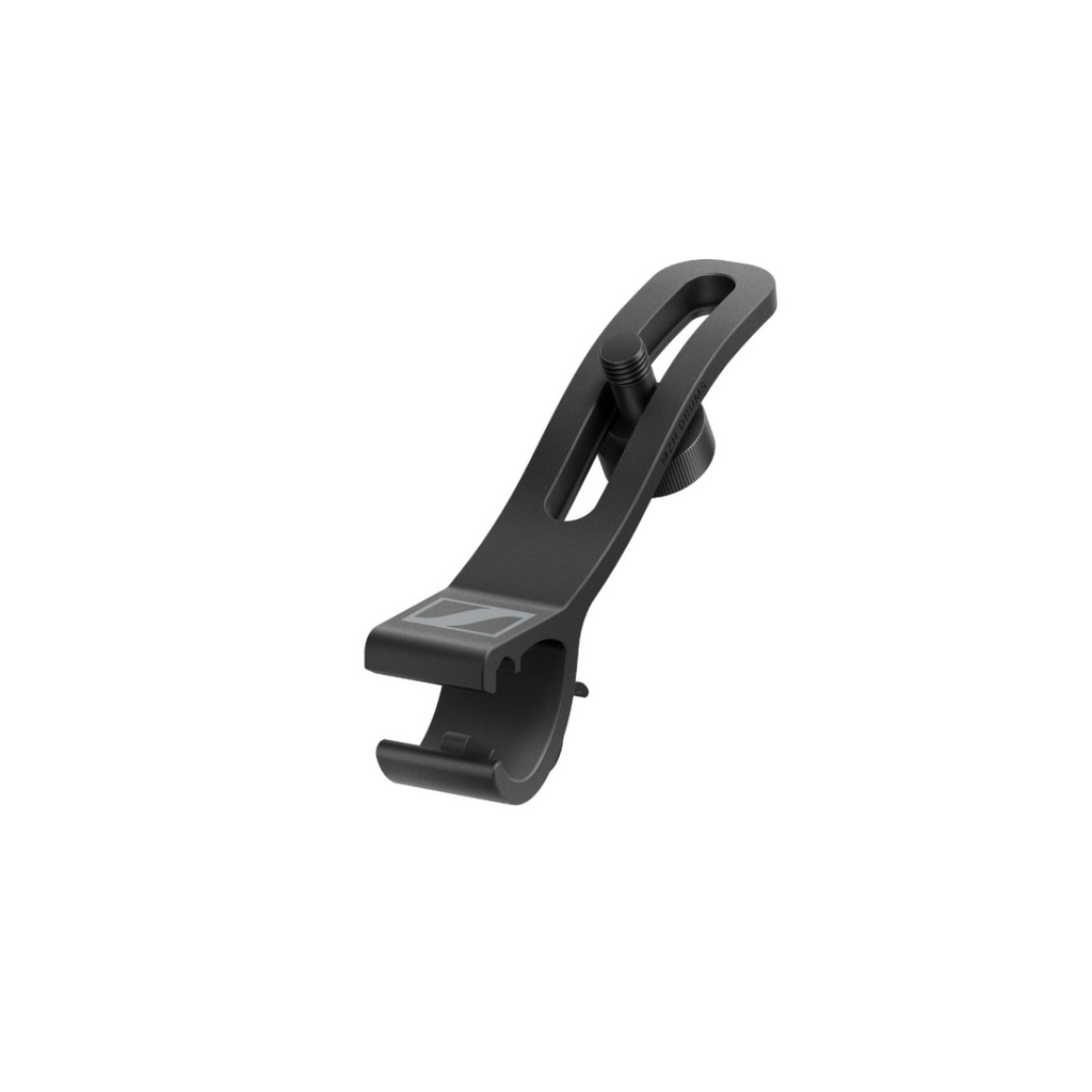 Sennheiser MZH drum clamp for microphone accessories, shown attached to a drum kit with microphone securely mounted.