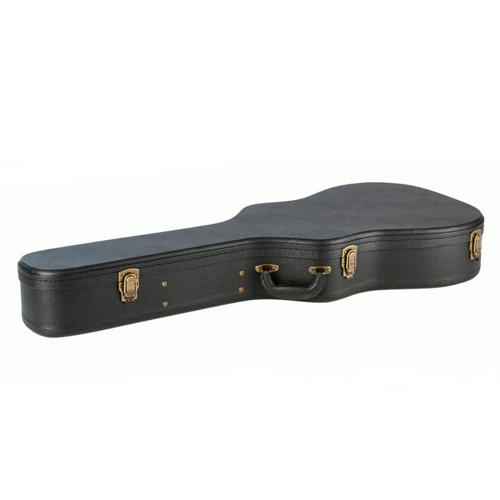 Armour APCSL Slimline Acoustic Premium Wood Guitar Case showing a sleek wooden exterior and padded interior for acoustic guitars.