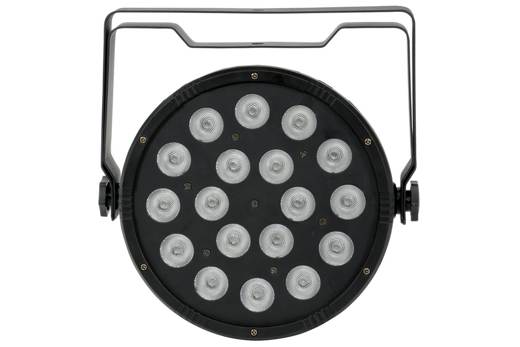 CR Lite CR Lite Slim Par Tri LED Wash Light 18 stage lighting fixture with adjustable brackets and colorful LED settings.