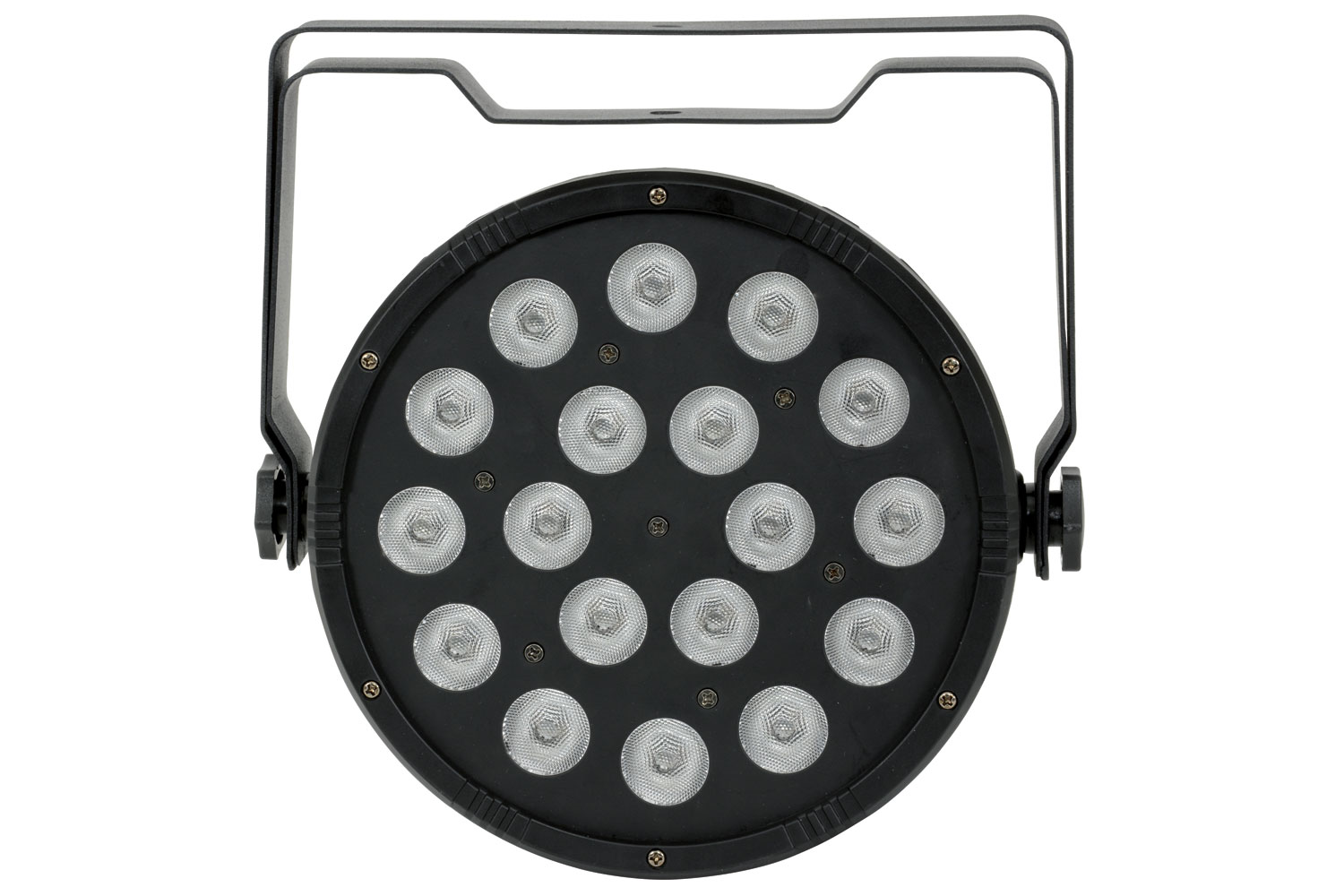 CR Lite CR Lite Slim Par Tri LED Wash Light 18 stage lighting fixture with adjustable brackets and colorful LED settings.