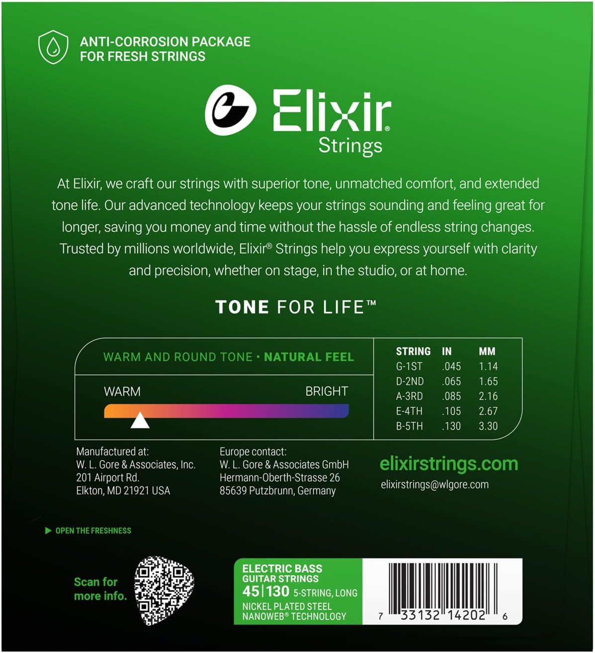 Elixir Nanoweb Light 45-130 5-string bass strings, shiny metal winding with clear branding on the packaging.