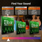 Elixir Nanoweb Light 45-130 5-string bass strings, coated and shiny, arranged on a white background for musical instrument use.