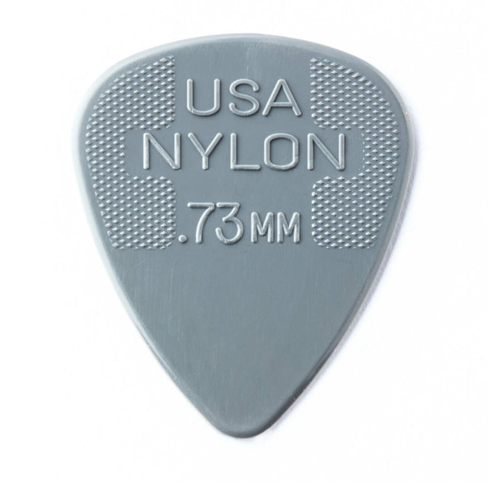 Jim Dunlop Nylon grey guitar pick with .73mm thickness, featuring a smooth surface and ergonomic shape for comfortable play.