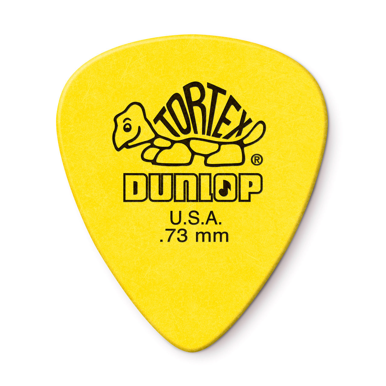 Yellow Jim Dunlop Tortex 73mm guitar pick, model 73TOR, showing the durable, lightweight plastic pick for guitar playing.