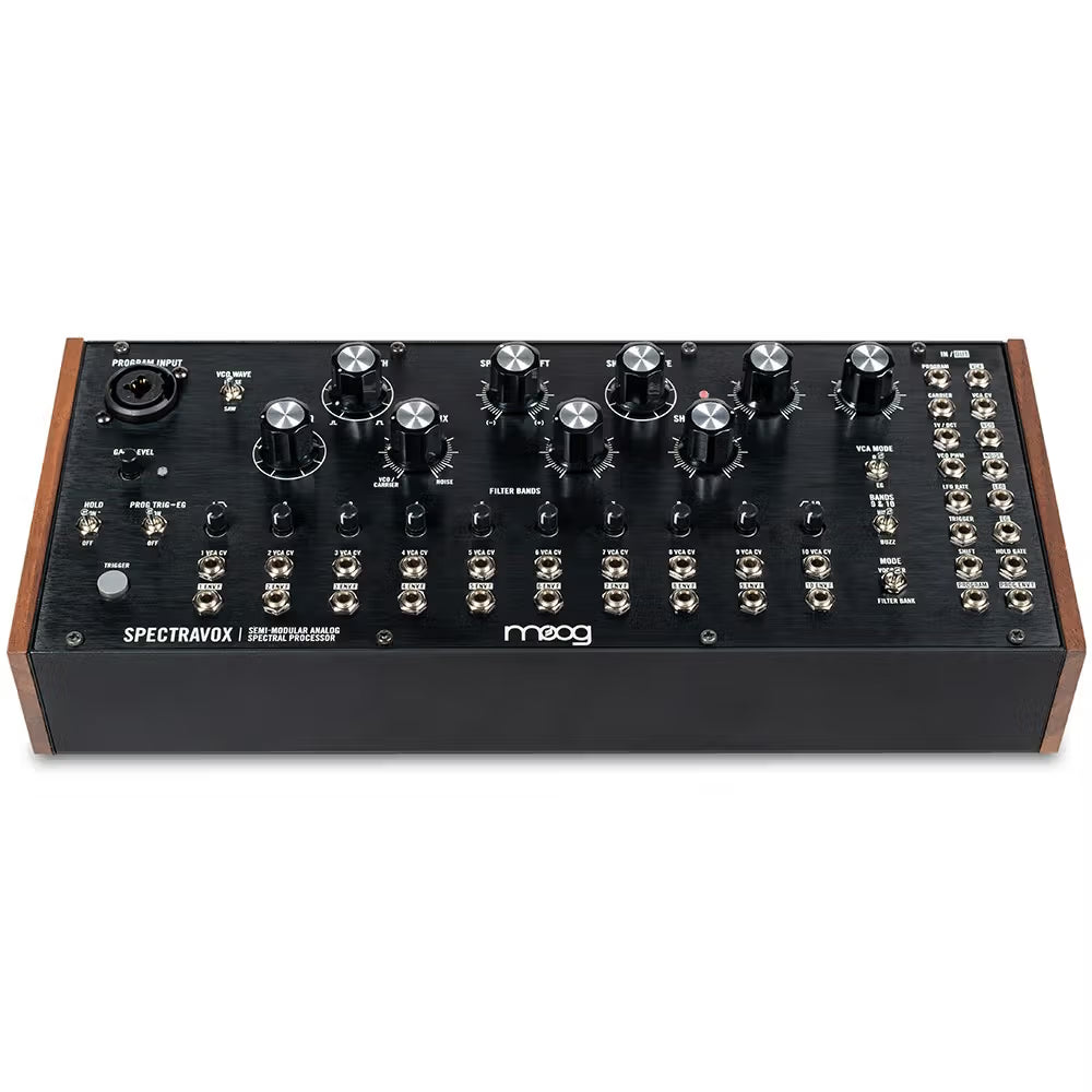 Moog Spectravox semi-modular analog spectral processor synthesizer module with knobs and input/output jacks on a rack panel.