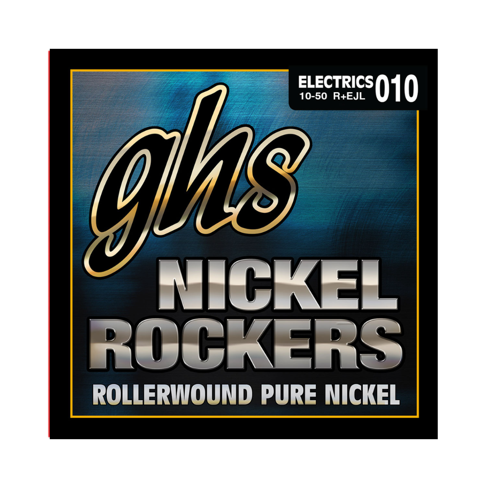 GHS R+EJL Nickel Rockers electric guitar strings 10-50, showing the set in packaging with branded label and string details.