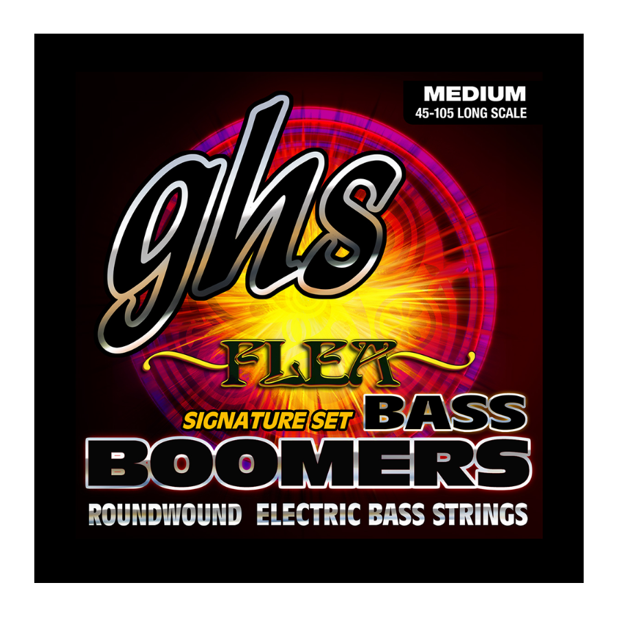 GHS M3045-F electric bass strings for flea bass, featuring four strings with black silks and nickel winding, close-up view