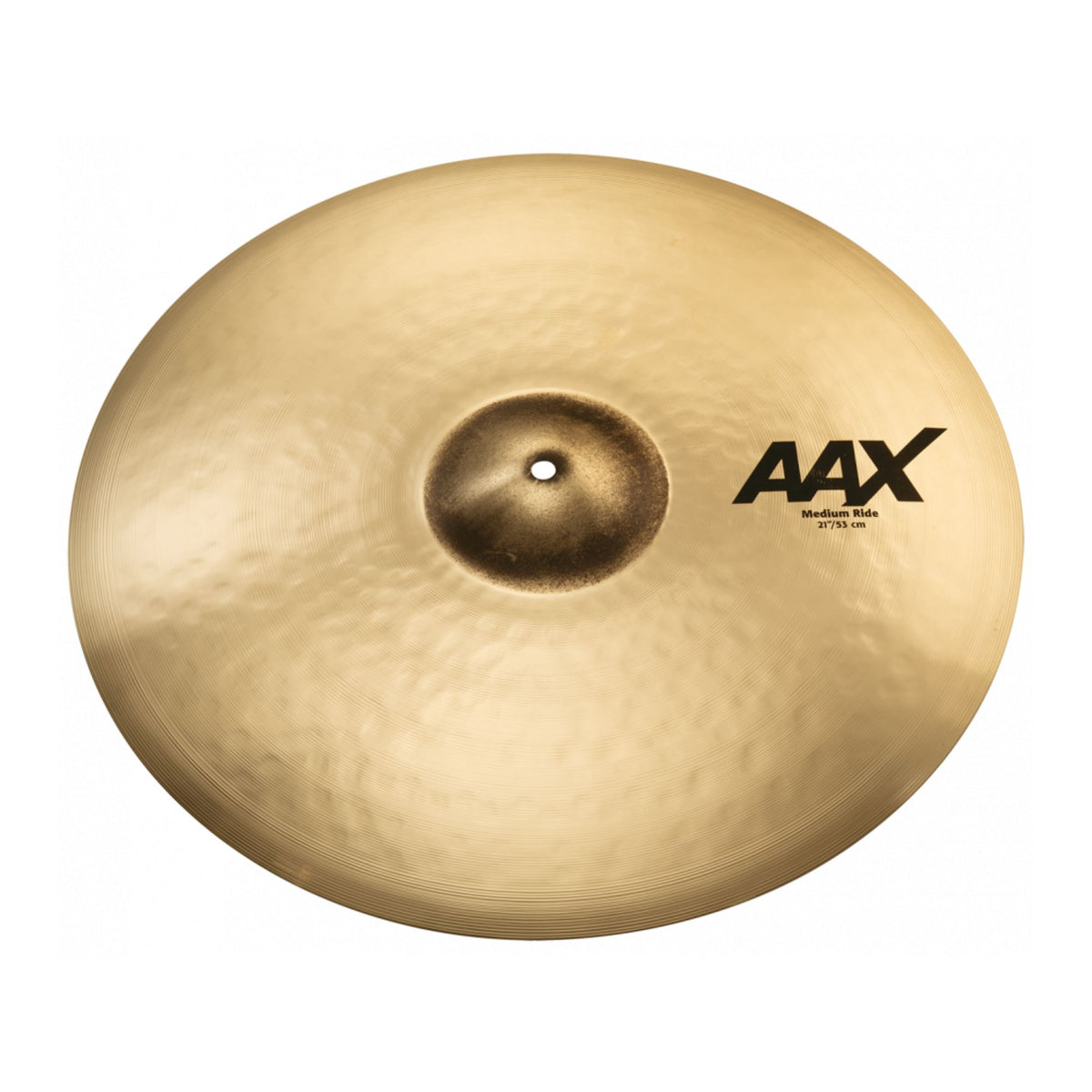 Sabian AAX 21-inch Medium Brilliant Ride Cymbal with raw bell, showcasing its shiny finish and detailed craftsmanship.