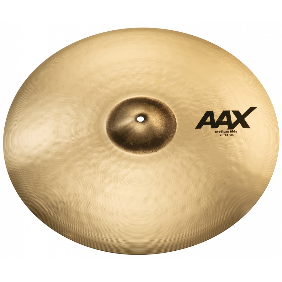 Sabian AAX 21-inch medium brilliant ride cymbal with raw bell, showcasing its shiny surface and detailed craftsmanship.