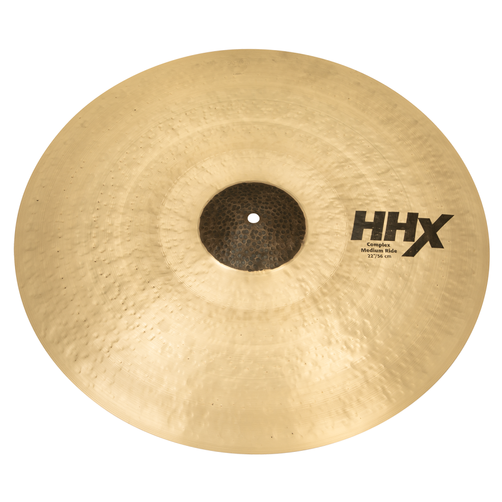 Sabian 22-inch HHX Complex Medium Ride cymbal displaying a shiny bronze finish and detailed hammering pattern.