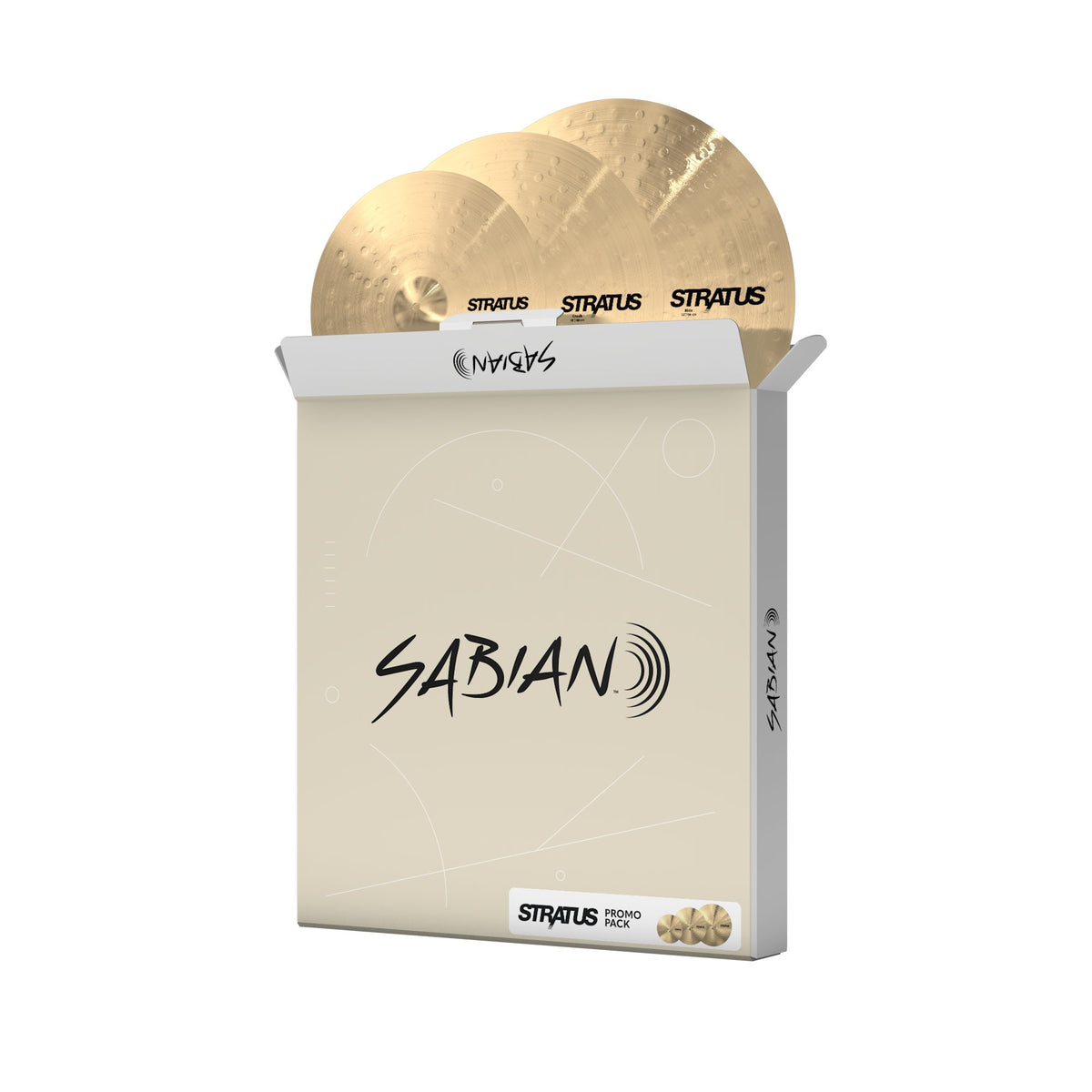Sabian S5005 Stratus performance pack with three single cymbals in 15, 19, and 22 inches, designed for versatile drumming sounds.