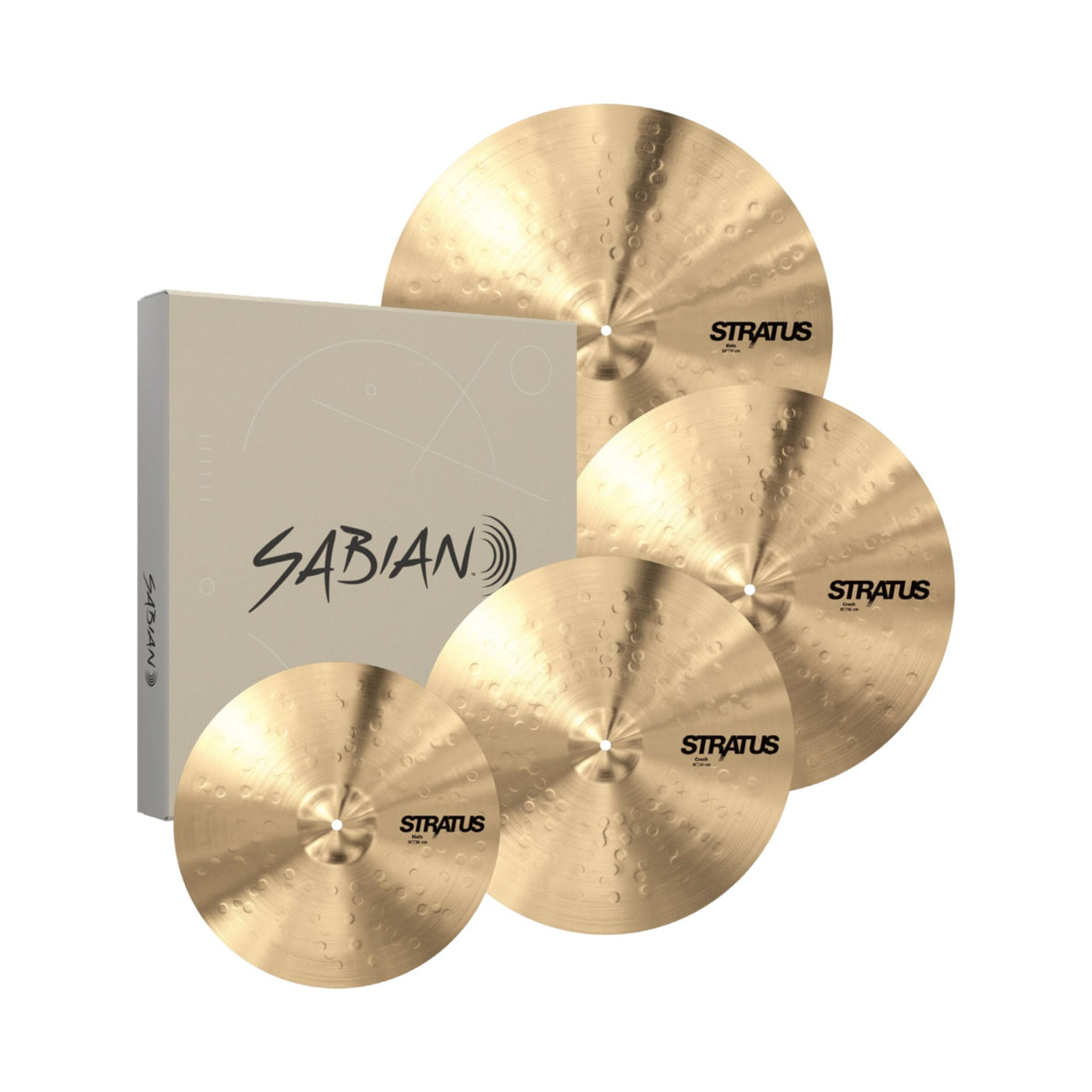 Sabian S5005 Stratus single cymbals pack with 14, 16, 18, and 20-inch cymbals arranged for display.