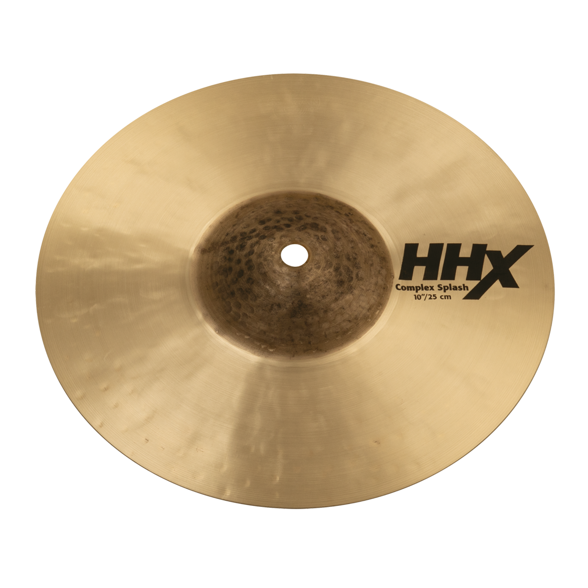Sabian 10-inch HHX Complex Splash Cymbal with natural finish, showing detailed surface texture and shiny metal appearance.