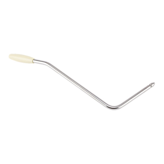 Fender American Professional guitar tremolo arm with aged white tip, showcasing a shiny chrome finish and detailed craftsmanship.