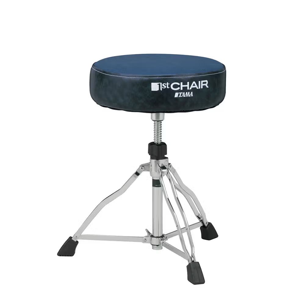 Tama 1st Chair Round Rider HT430 drum throne featuring a navy blue canvas seat and sturdy base.