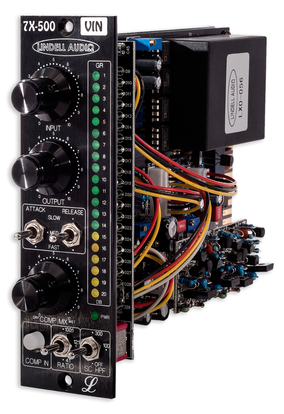 Lindell Audio 7X-500VIN Studio Preamp featuring sleek design and controls for professional audio processing.