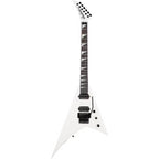Jackson American Series Rhoads RR24 EB FB electric guitar in Snow White with pointed body and dual humbucker pickups.