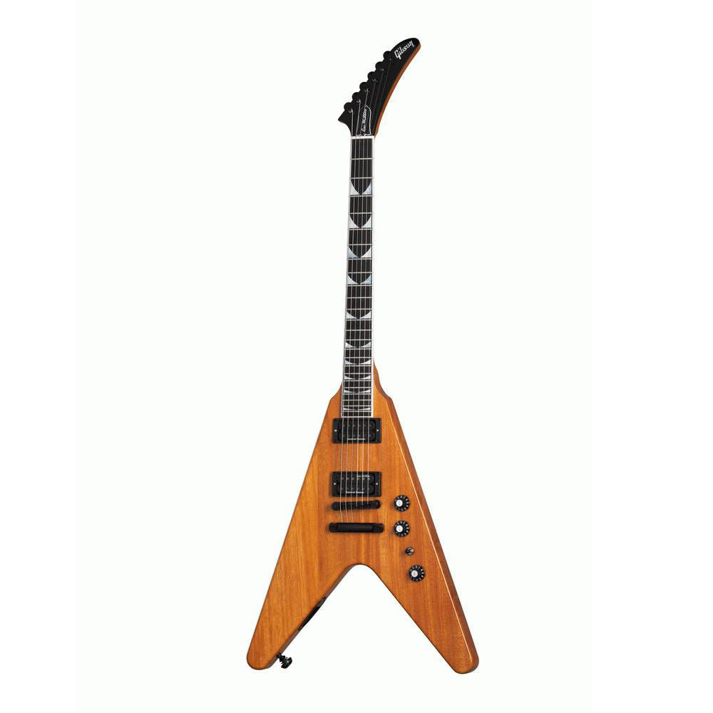 Gibson Dave Mustaine Flying V EXP electric guitar in antique natural finish with black hardware and maple neck.