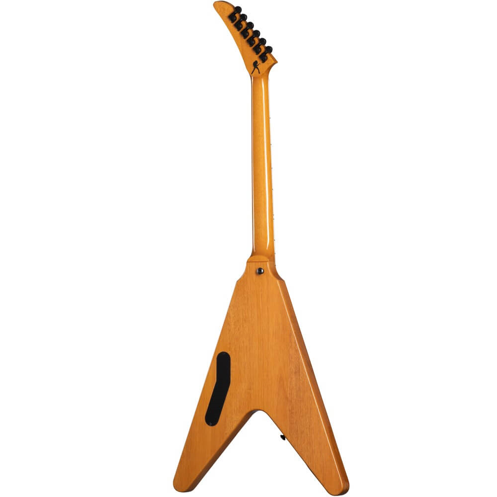 Gibson Dave Mustaine Flying V EXP electric guitar with antique natural finish, showcasing its distinct V-shaped body and hardware.