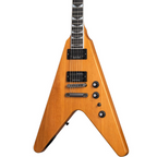 Gibson Dave Mustaine Flying V EXP electric guitar in antique natural finish, showcasing its distinctive V shape and hardware details.