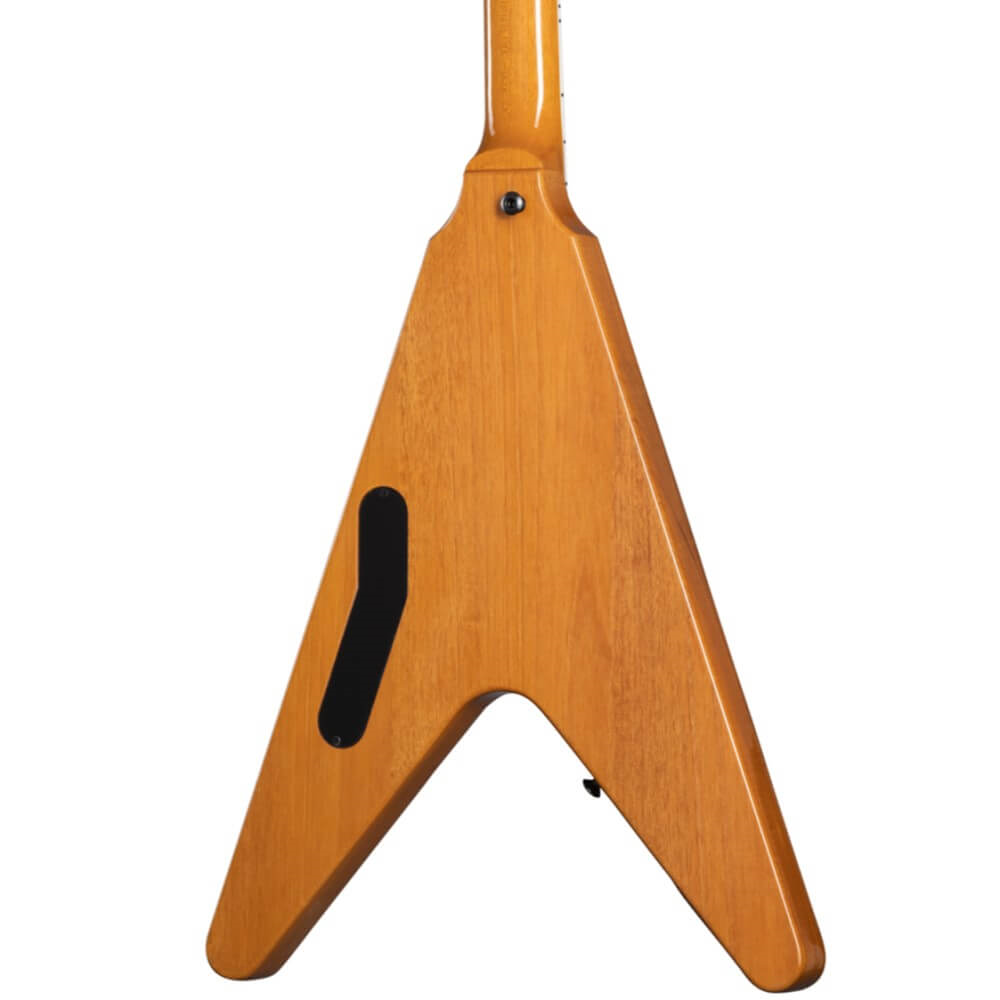 Gibson Dave Mustaine Flying V EXP electric guitar in antique natural finish, showcasing its iconic V shape and detailed hardware.