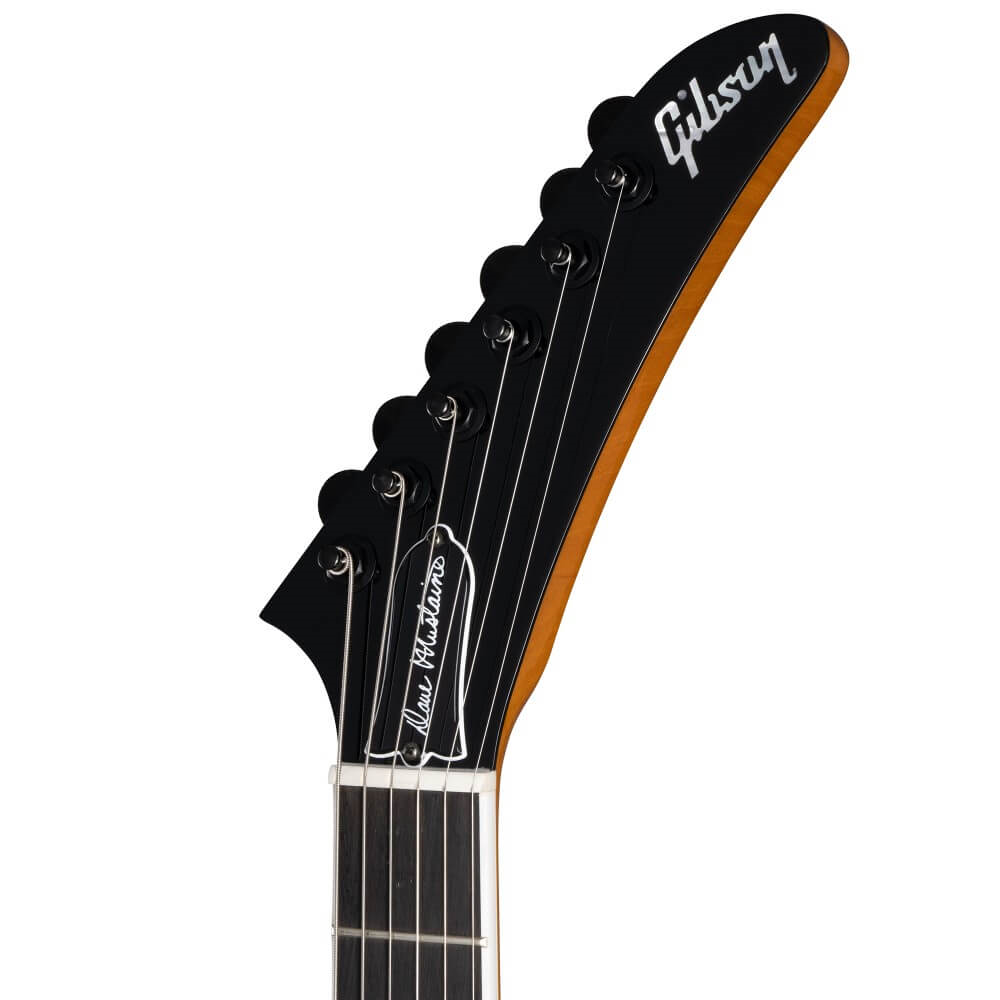 Gibson Dave Mustaine Flying V EXP electric guitar in antique natural finish, showing its iconic V shape and detailed hardware.