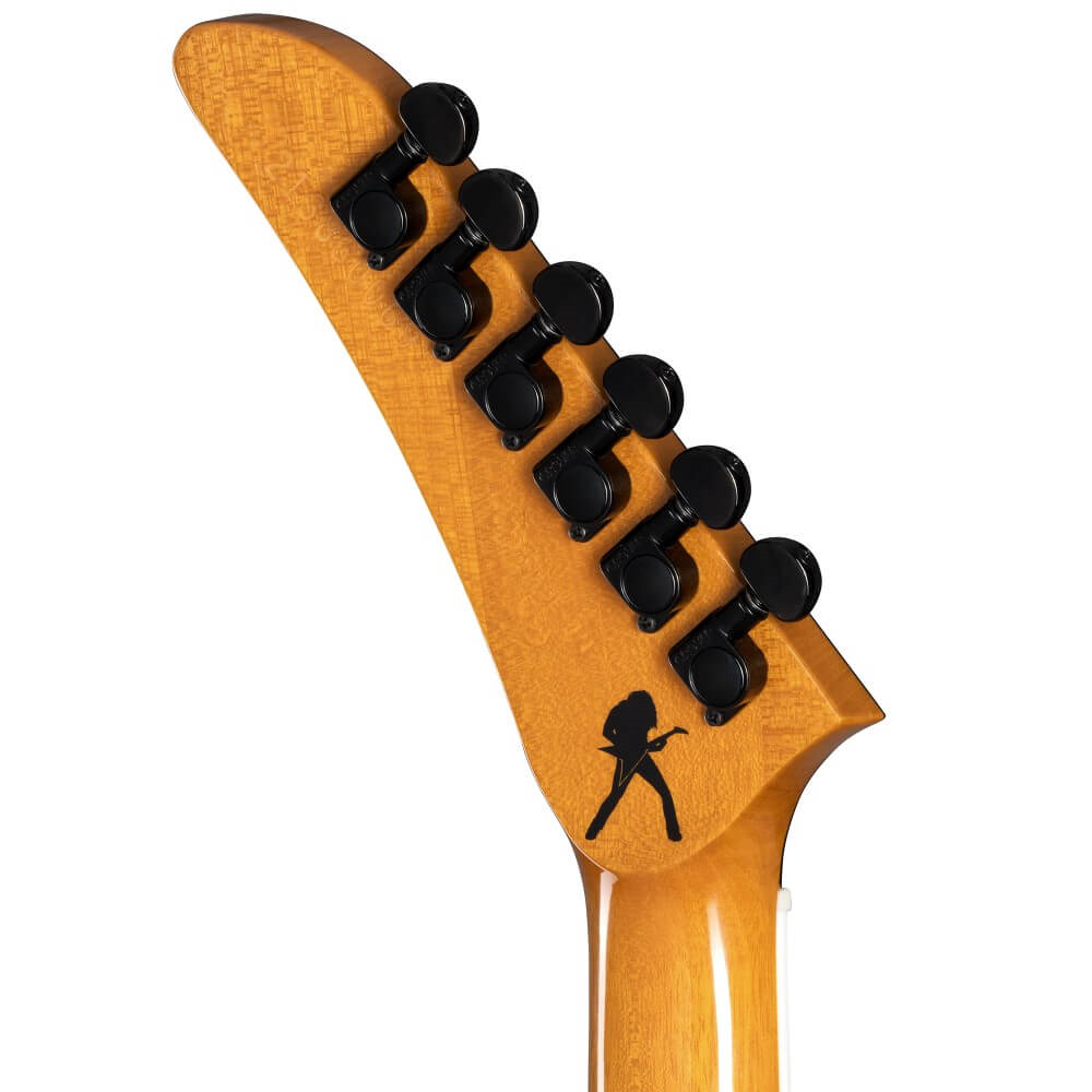 Gibson Dave Mustaine Flying V EXP electric guitar in antique natural finish, showcasing its iconic V shape and detailed hardware.