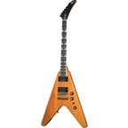 Gibson Dave Mustaine Flying V EXP electric guitar in antique natural finish, showcasing its iconic V shape and sleek design.