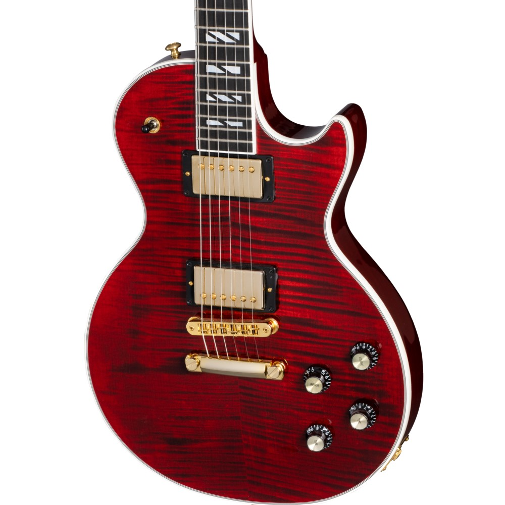 Gibson Modern Collection Les Paul Supreme electric guitar in dark wine red with gold hardware and cream pickguard.