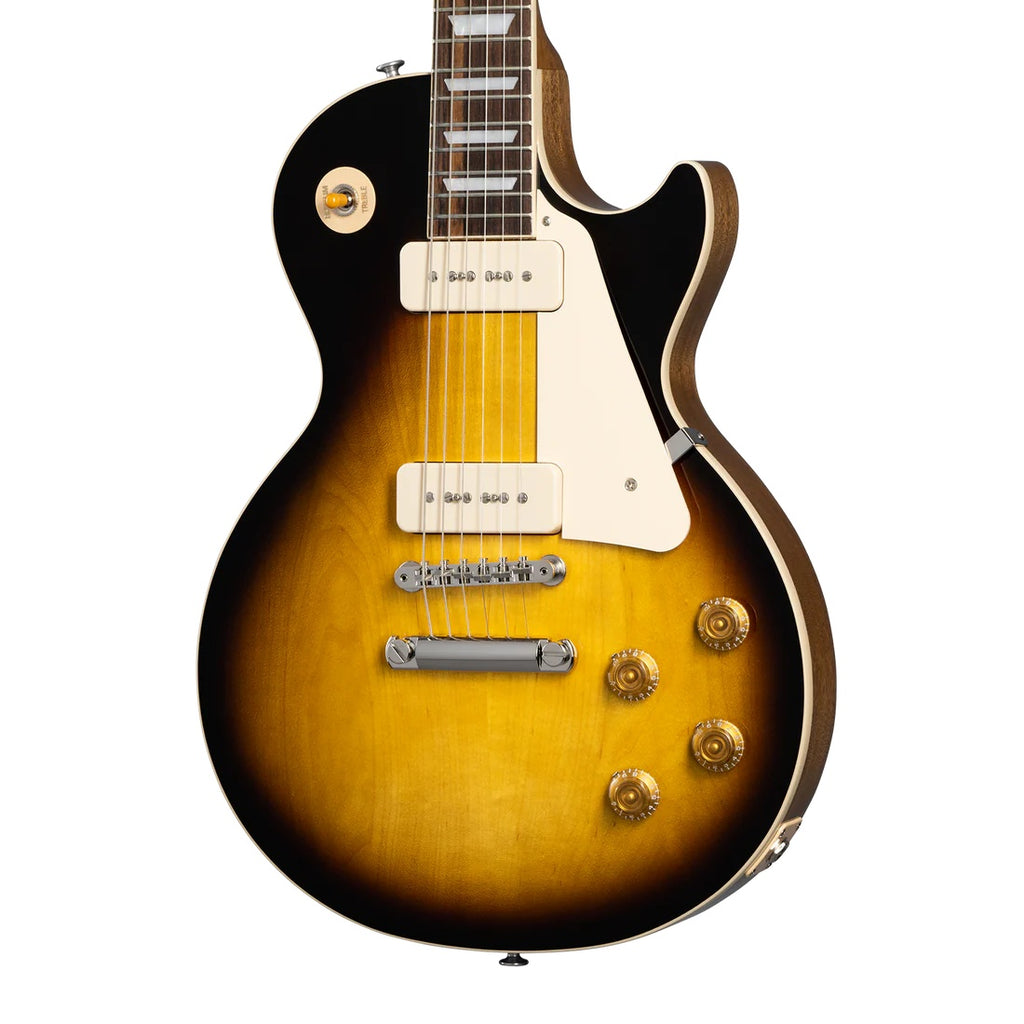 Gibson Les Paul Standard 50's electric guitar with P-90 pickups in tobacco burst finish, showcasing a sunburst body and classic design.