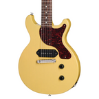Gibson Les Paul Junior Double Cut electric guitar in TV Yellow, showcasing its solid body, single cutaway, and vintage style design.