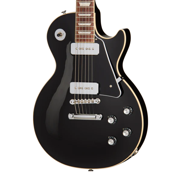 Gibson Noel Gallagher Les Paul Standard electric guitar in ebony finish, showcasing its sleek body and classic design.