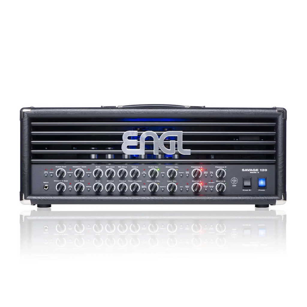 ENGL E610II Savage 120 Mk II guitar amp head with control knobs and input jacks, designed for electric guitar amplification.