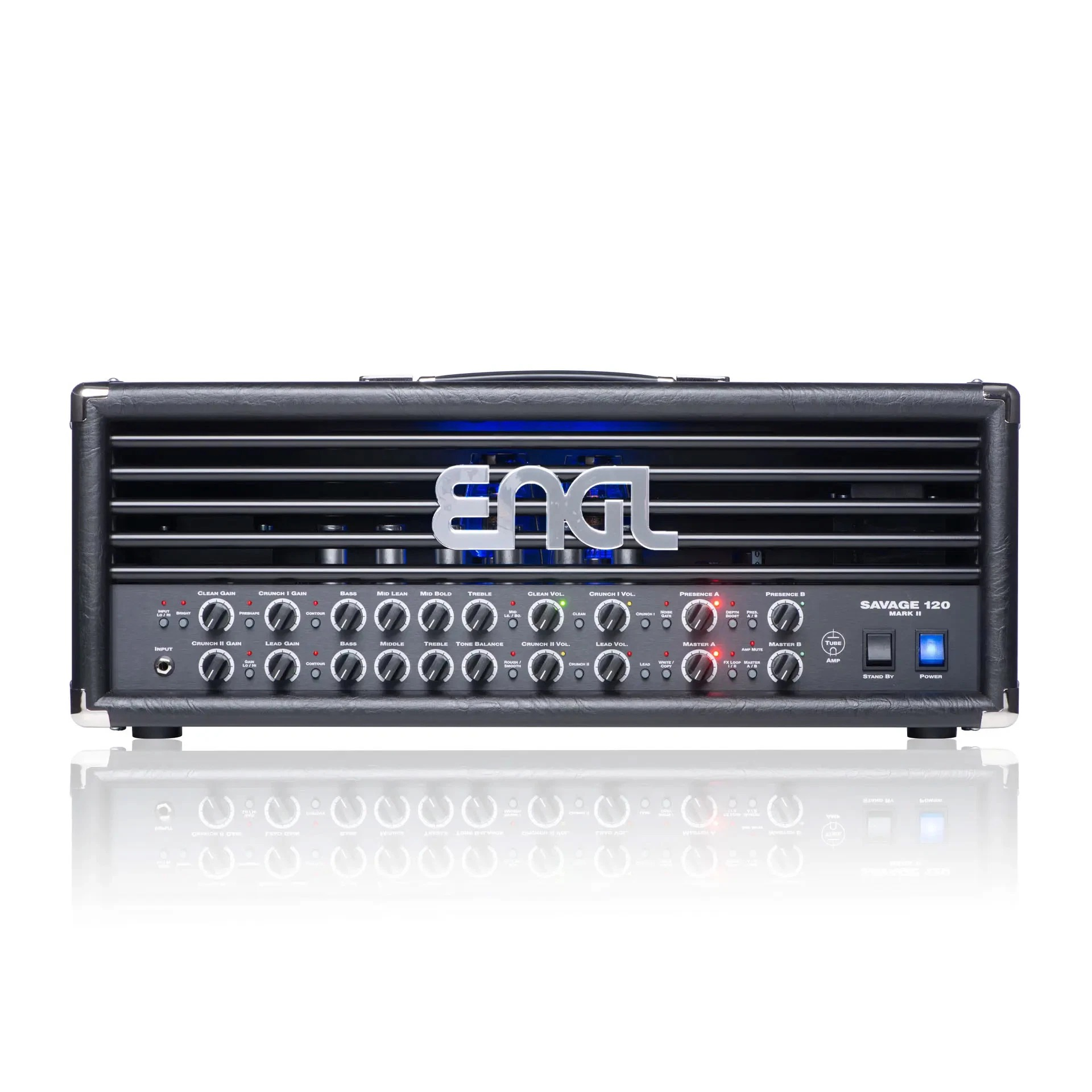 ENGL E610II Savage 120 Mk II guitar amp head with control knobs and input jacks, designed for electric guitar amplification.