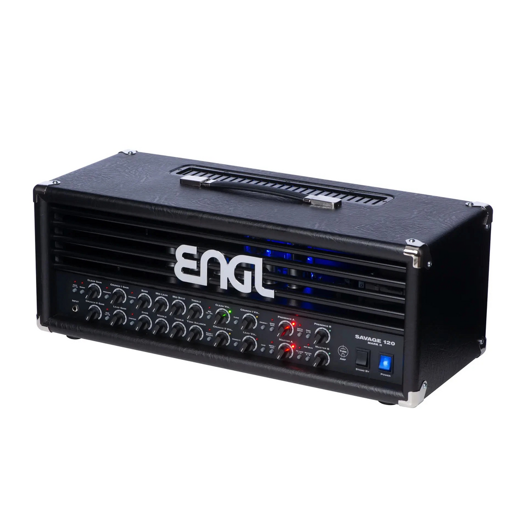 ENGL E610II Savage 120 Mk II guitar amplifier head with control knobs and input jacks, designed for electric guitar performance.