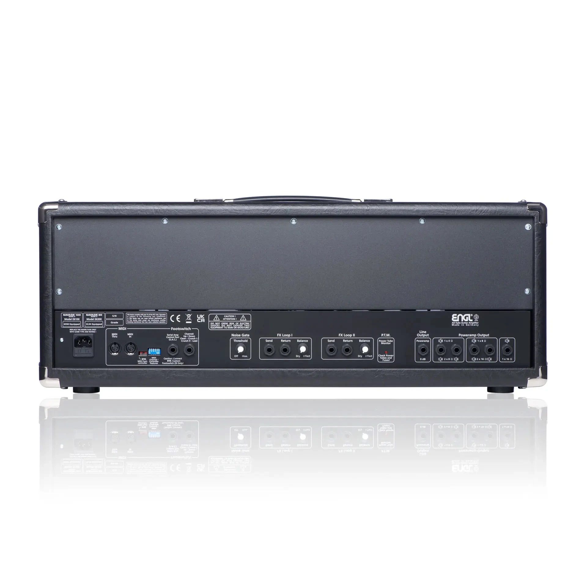 ENGL E610II Savage 120 Mk II guitar amp head with control knobs and logo, designed for electric guitar amplification.