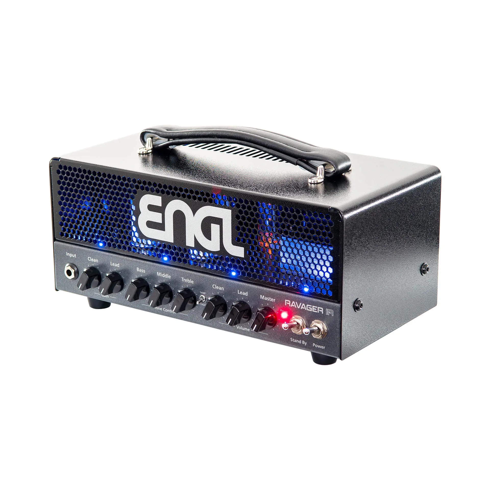 ENGL Ravager IR guitar amplifier head with 20-watt power, featuring multiple controls and a sleek black design for electric guitar use.