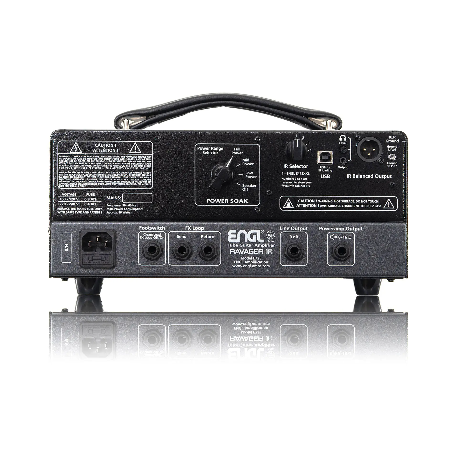 ENGL Ravager IR 20W guitar amplifier head with control knobs and input jacks, designed for electric guitar sound amplification.