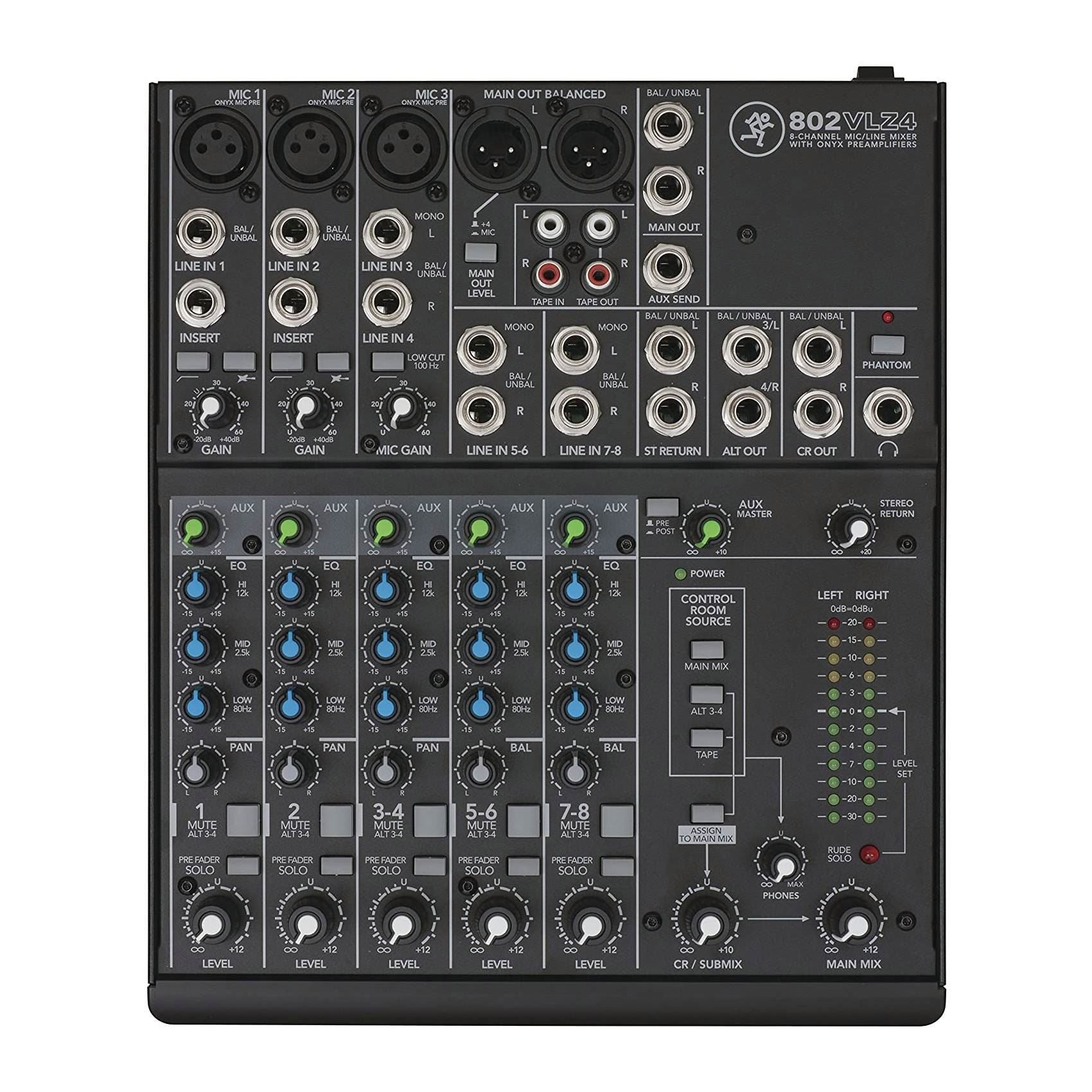 Mackie 802VLZ4 8-channel ultra-compact analogue mixer with multiple input knobs and level controls, used for audio mixing.