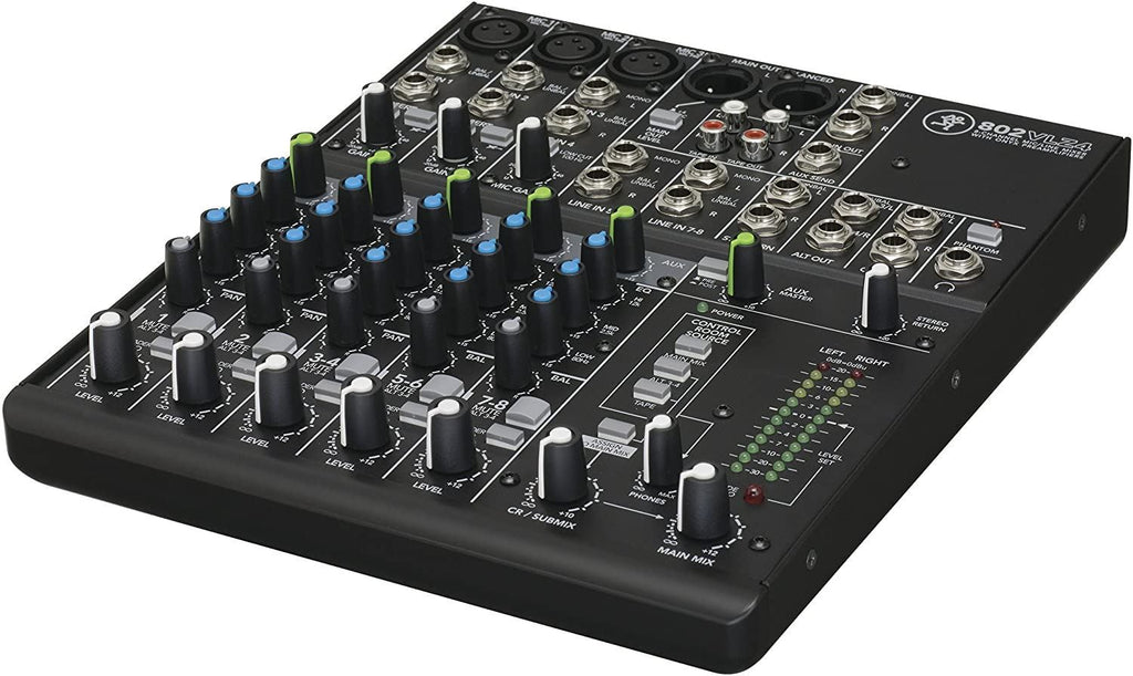 Mackie 802VLZ4 8-channel ultra compact analogue mixer with knobs and input ports, ideal for portable audio setups.