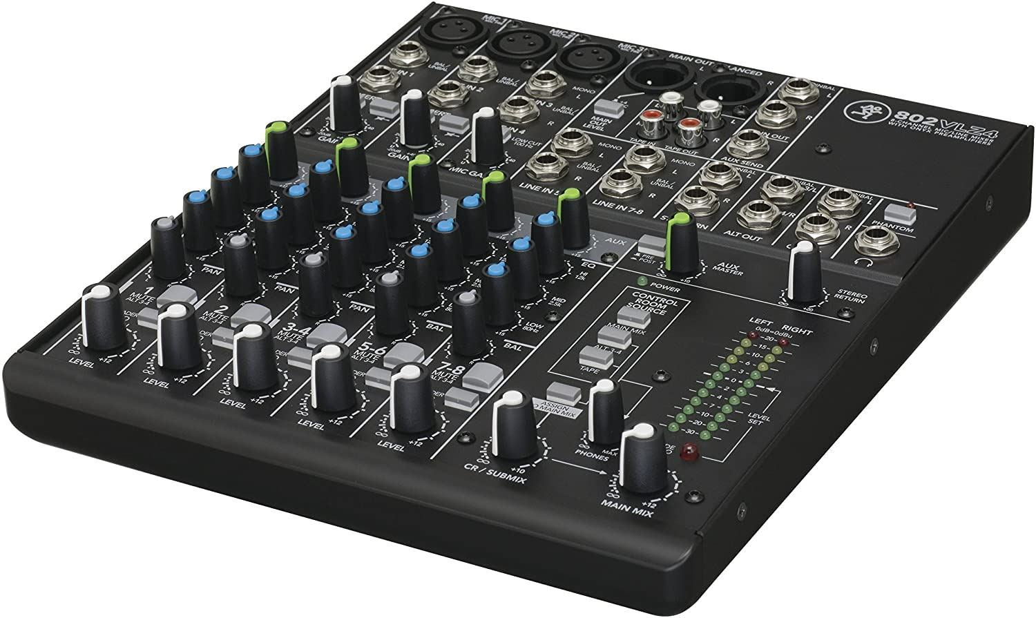 Mackie 802VLZ4 8-channel ultra compact analogue mixer with knobs and input ports, ideal for portable audio setups.