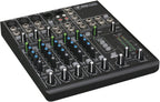 Mackie 802VLZ4 8-channel ultra-compact analogue mixer with multiple input knobs and output jacks, on a white background.
