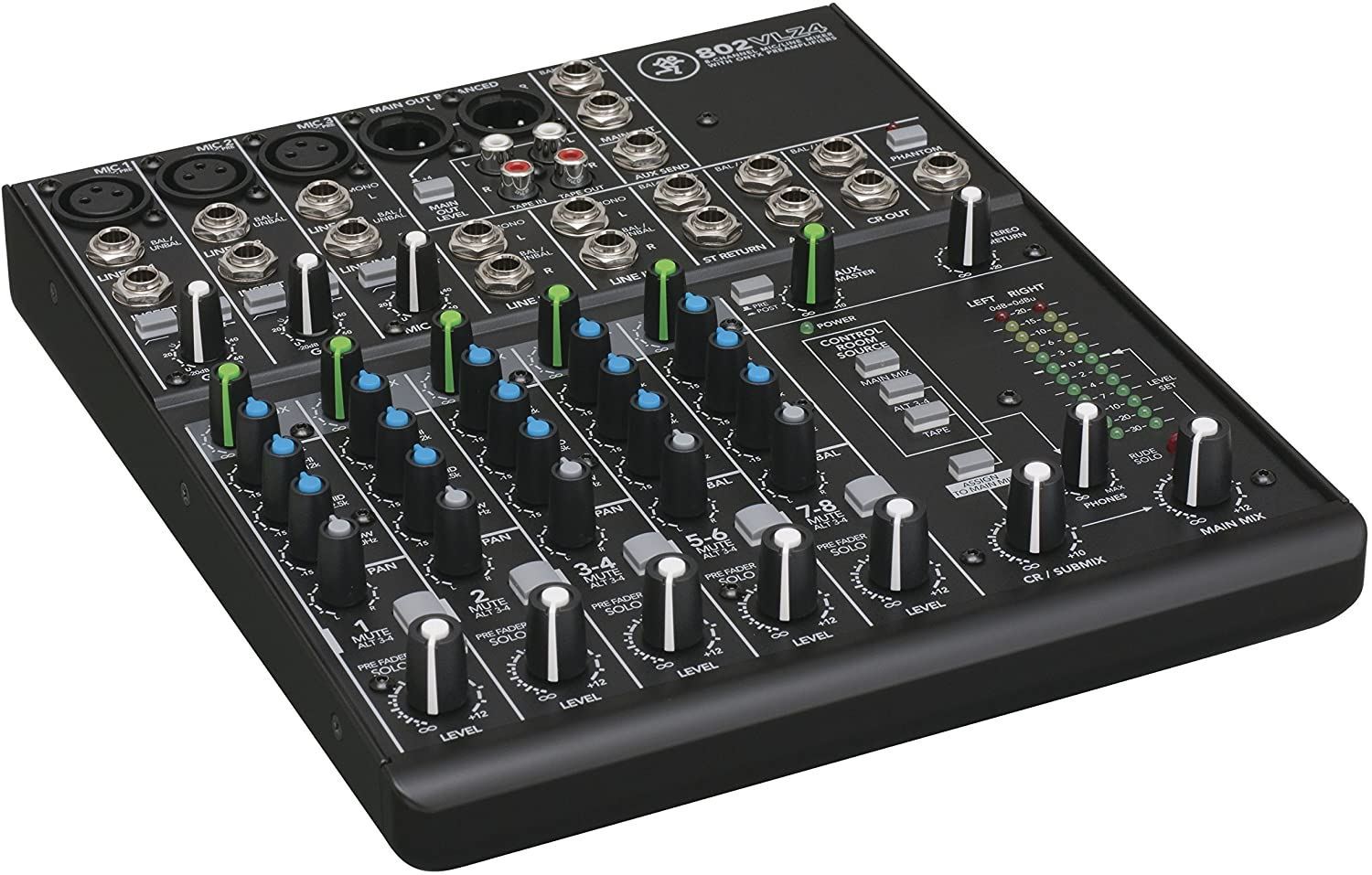 Mackie 802VLZ4 8-channel ultra-compact analogue mixer with multiple input knobs and output jacks, on a white background.