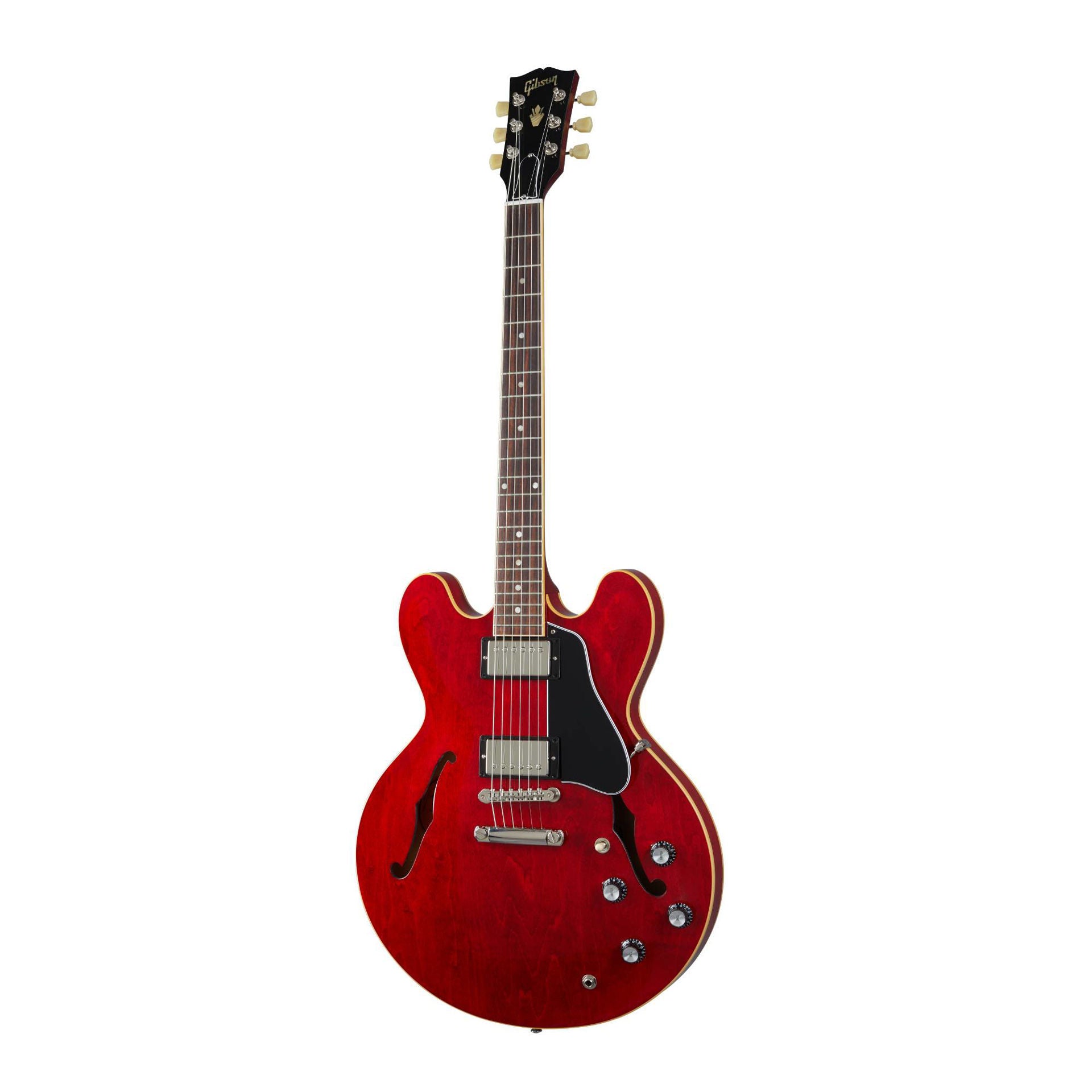 Gibson ES335 Sixties electric guitar in cherry finish, showcasing its double-cutaway body, f-holes, and vintage-style hardware.