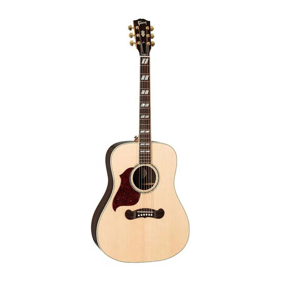 Left-handed Gibson Songwriter acoustic guitar in antique natural finish, showing the body, fretboard, and brand logo.