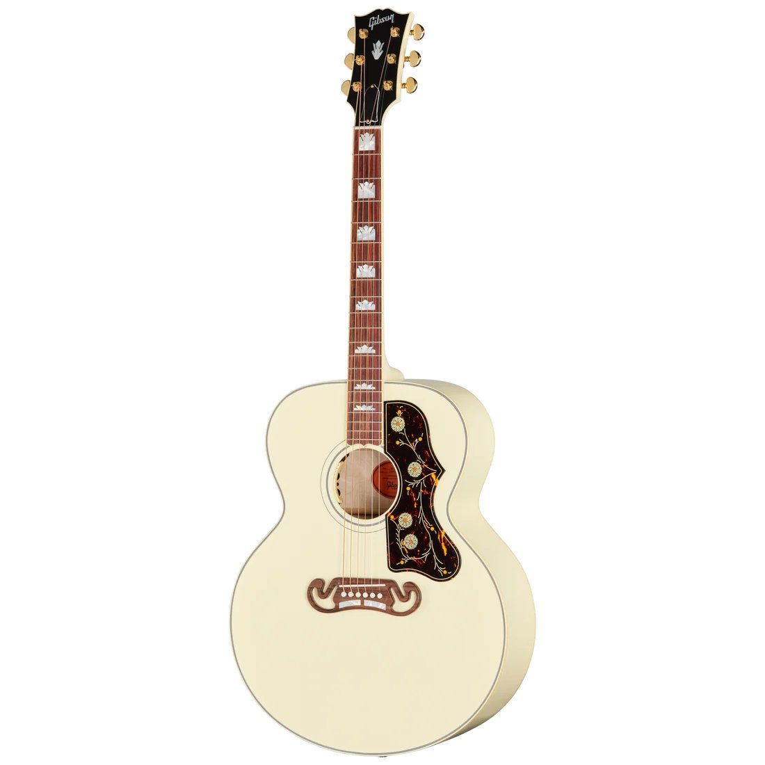 Gibson SJ-200 Standard Classic White left-handed acoustic guitar with jumbo body and detailed pickguard