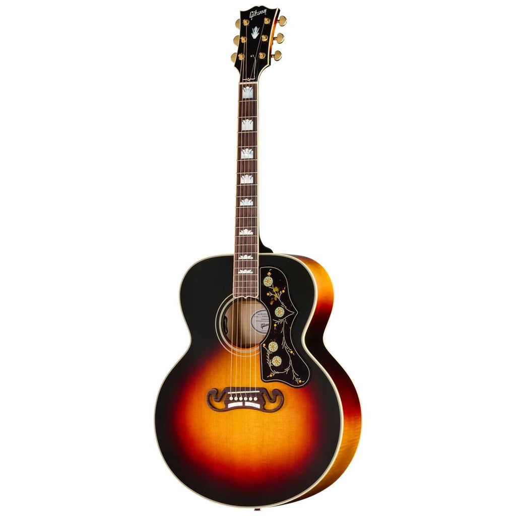 Gibson SJ-200 Standard acoustic guitar in Maple Tri Burst finish with ornate pickguard and jumbo body