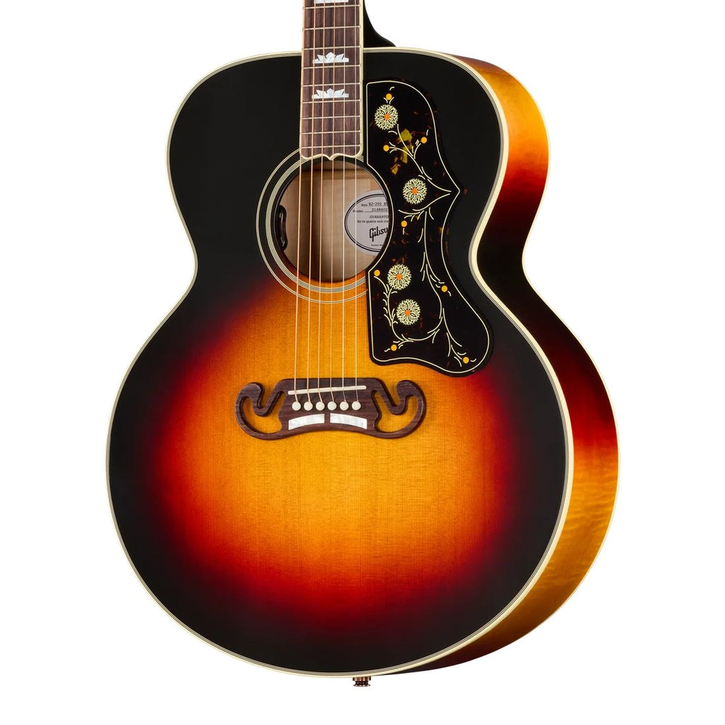 Gibson SJ-200 Standard acoustic guitar in Maple Tri Burst finish, featuring a large body and ornate pickguard