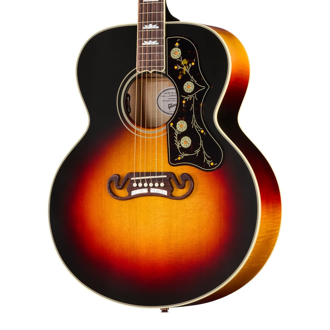 Gibson SJ-200 Standard acoustic guitar in Maple Tri Burst finish, featuring a large body and ornate pickguard