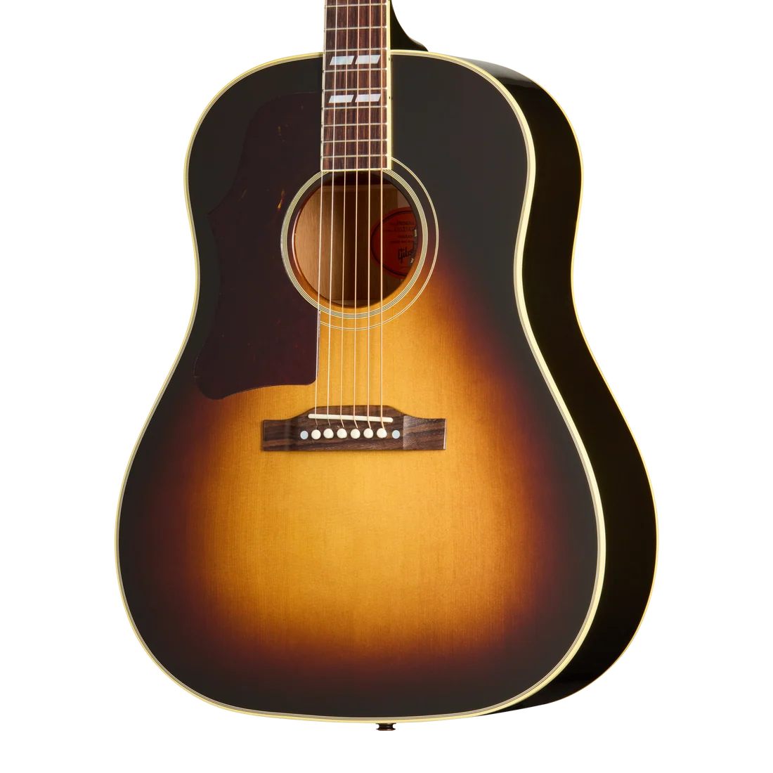 Gibson Southern Jumbo original acoustic guitar in vintage sunburst finish, left-handed view